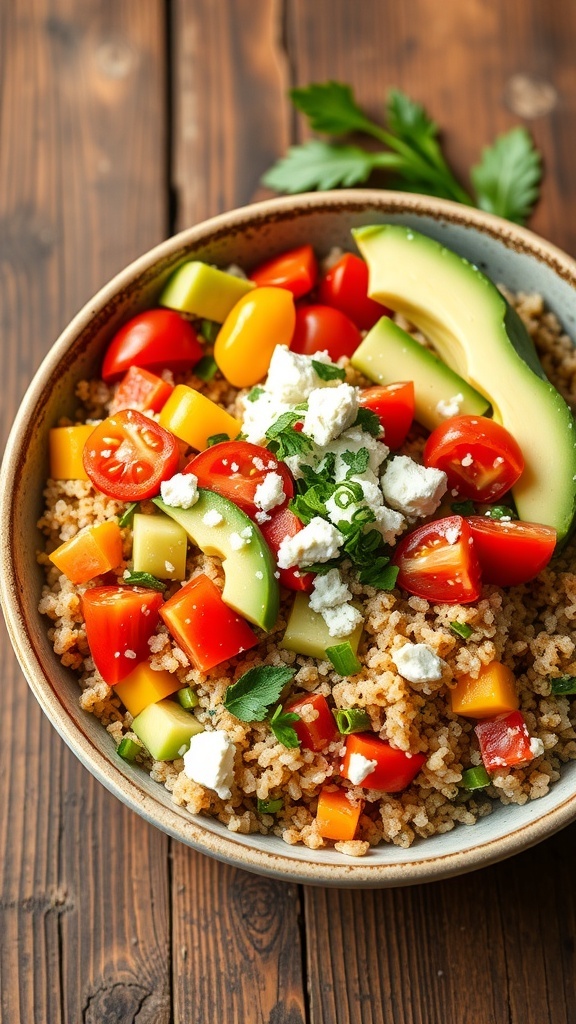 A colorful quinoa bowl with tomatoes, cucumber, bell pepper, avocado, and feta cheese on a wooden table.